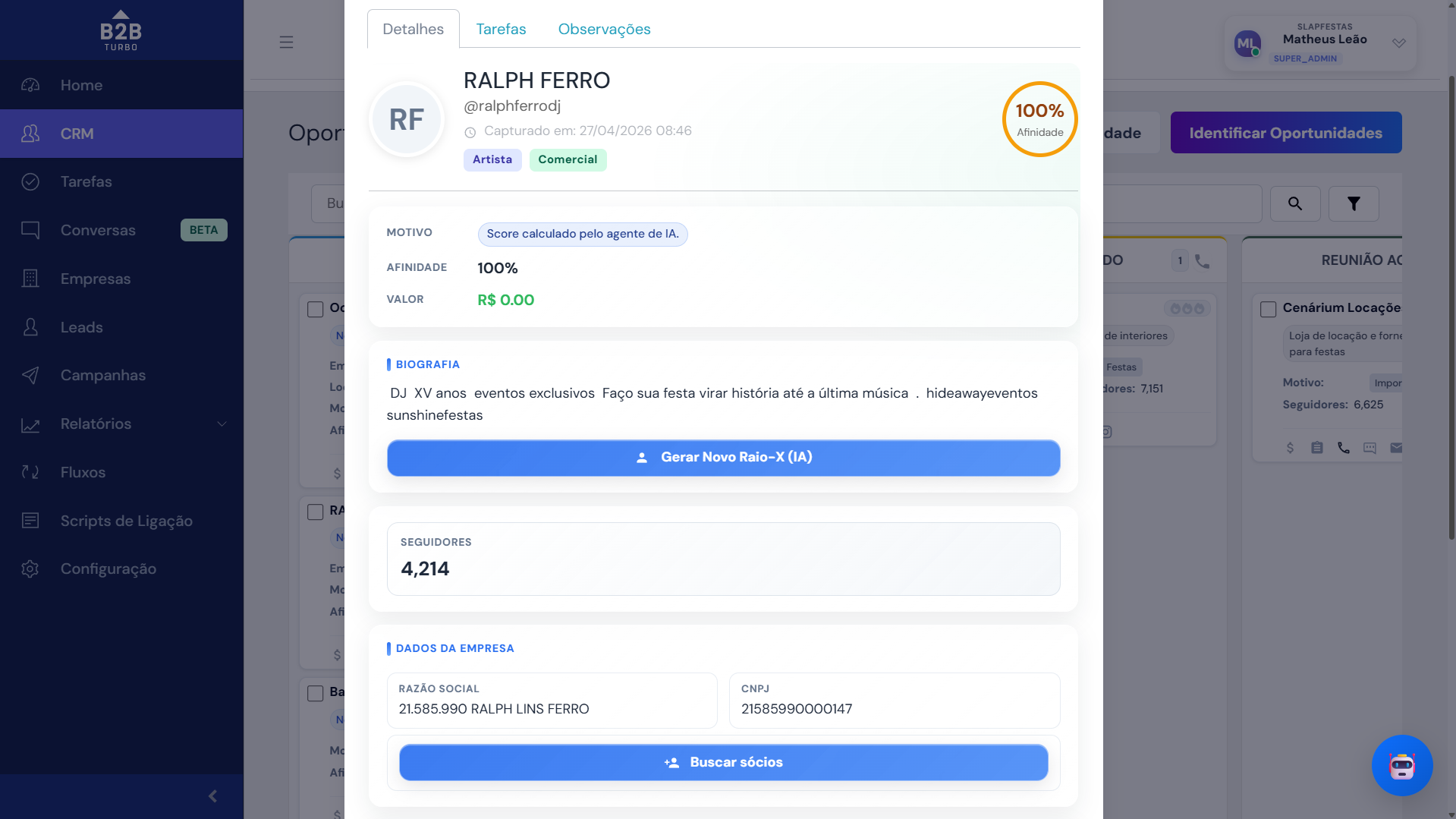 Pipeline visual do CRM B2B Turbo com oportunidades em múltiplos estágios