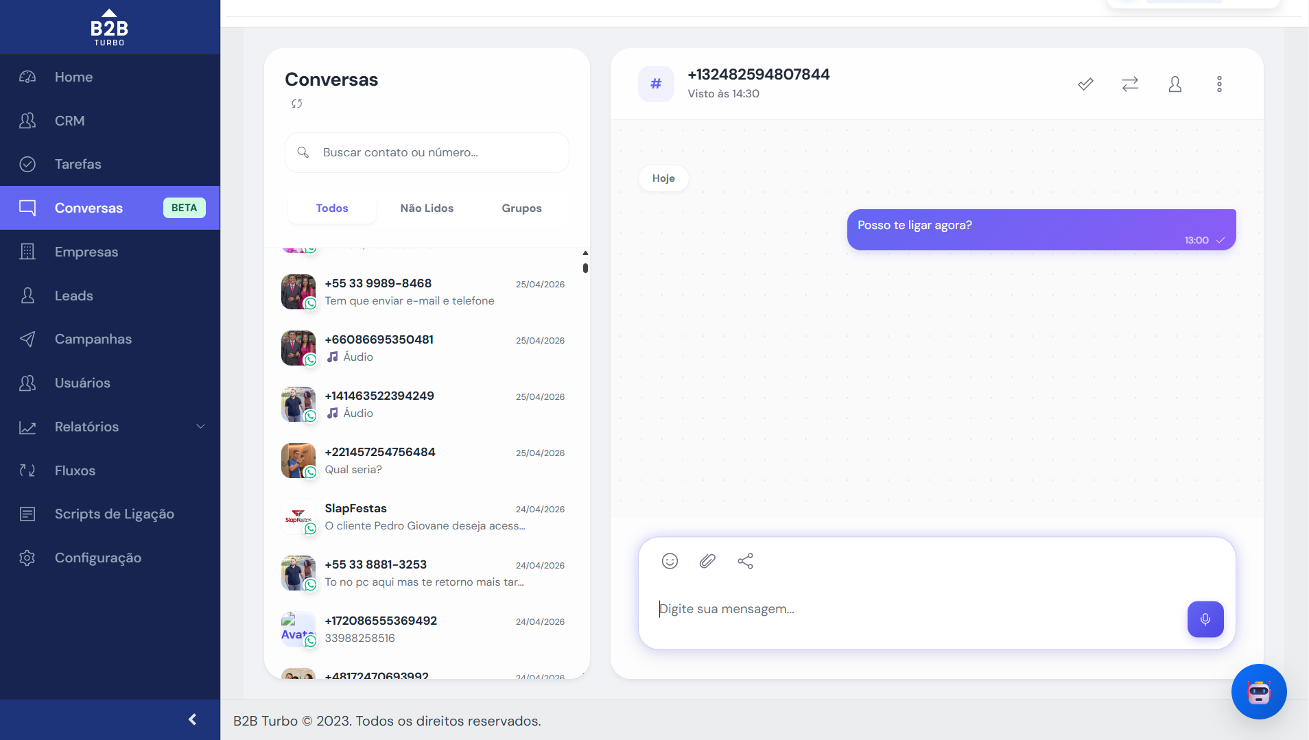 Central de conversas e campanhas em massa no WhatsApp integrada ao B2B Turbo